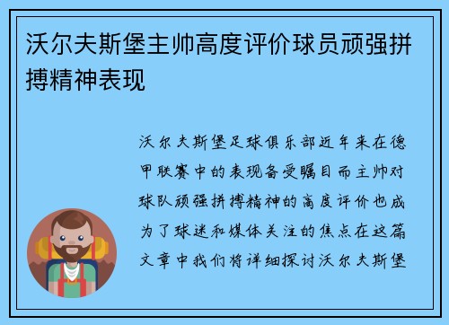 沃尔夫斯堡主帅高度评价球员顽强拼搏精神表现